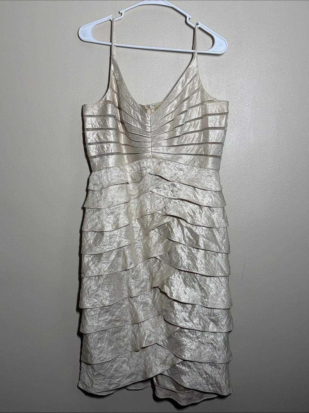 Adrianna Papell Cocktail Dress Spaghetti Strap, Knee Length Champagne Size 14